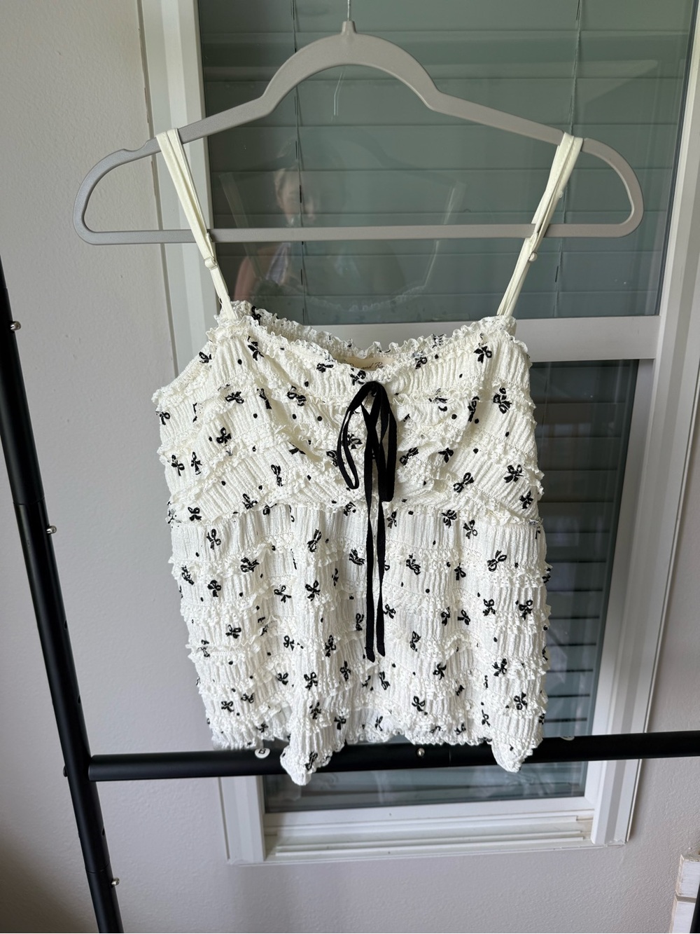 Ivory Floral Smocked Cami with Black Tie